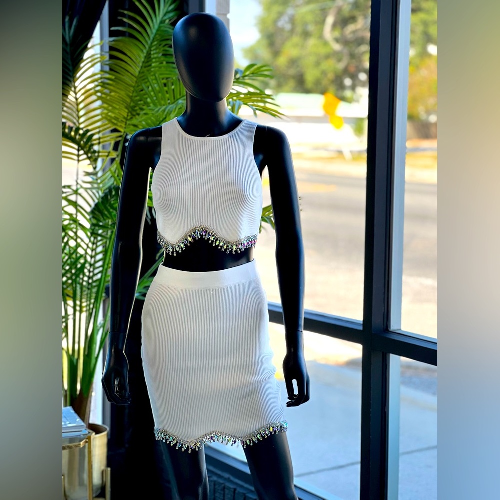 White stretch knit set with iridescent rhinestone detailing
